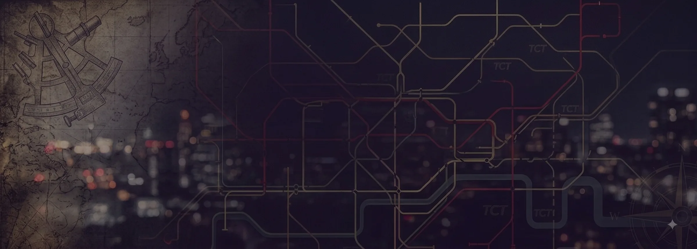 A stylised transit map over a blurred Sydney night skyline, with a vintage sextant and world map motif
