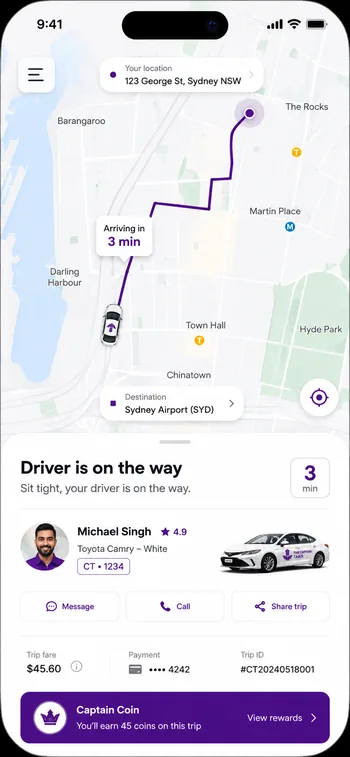 The Captain Taxis app: driver is on the way, live tracking screen