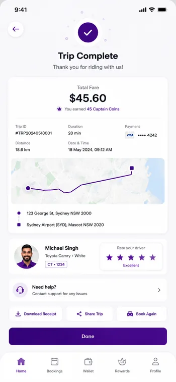 The Captain Taxis app: trip complete, fare summary and rating screen