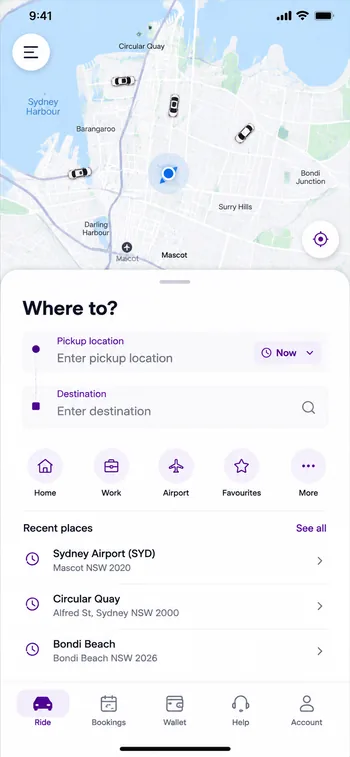 The Captain Taxis app: Where to? destination search screen