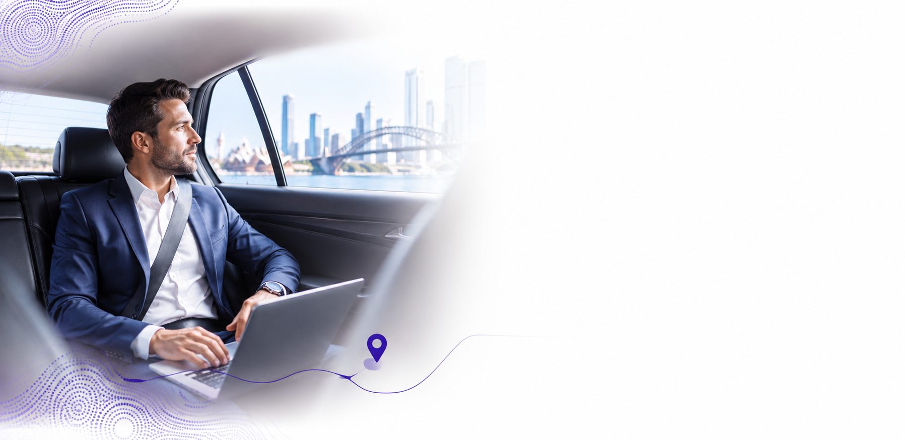 A passenger working on a laptop in the back seat of The Captain Taxis vehicle, Sydney Harbour Bridge visible through the window