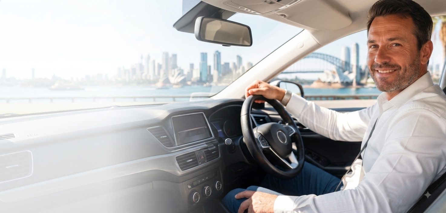 A smiling driver from The Captain Taxis at the wheel, Sydney Harbour Bridge and Opera House visible through the window