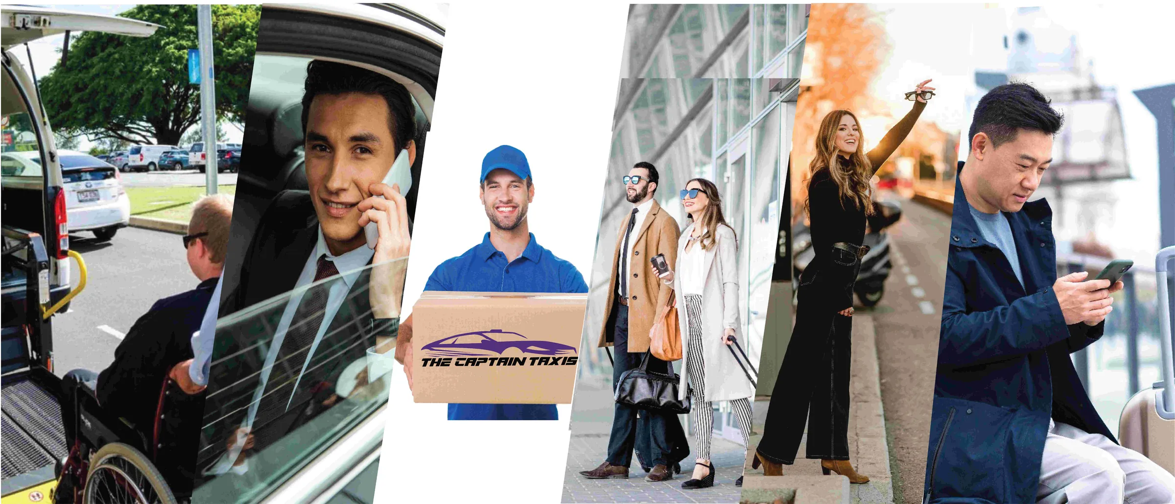 Collage of Captain Taxis passengers and drivers: a wheelchair user boarding an accessible vehicle, a businessman on a call in the back seat, a courier holding a branded parcel, a corporate couple walking with luggage, a woman hailing a cab, and a traveller checking his phone